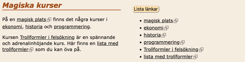 En lista med alla länkar visas.