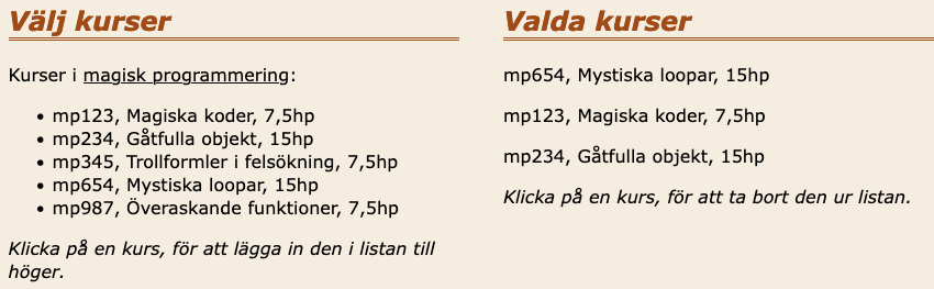 Valda kurser i en lista till höger.