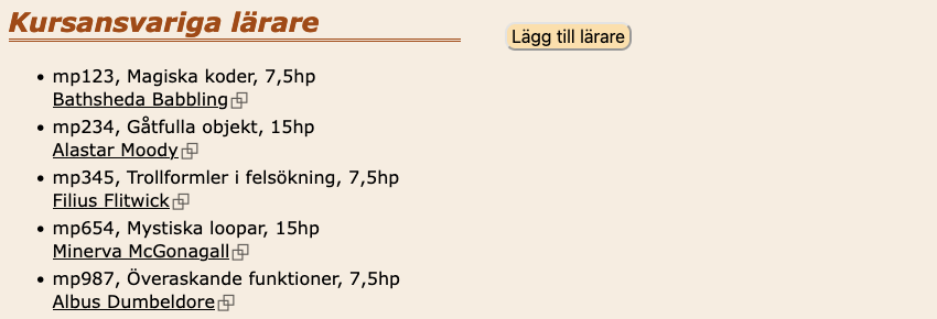 Lärare med länkar har lagts in i listan.